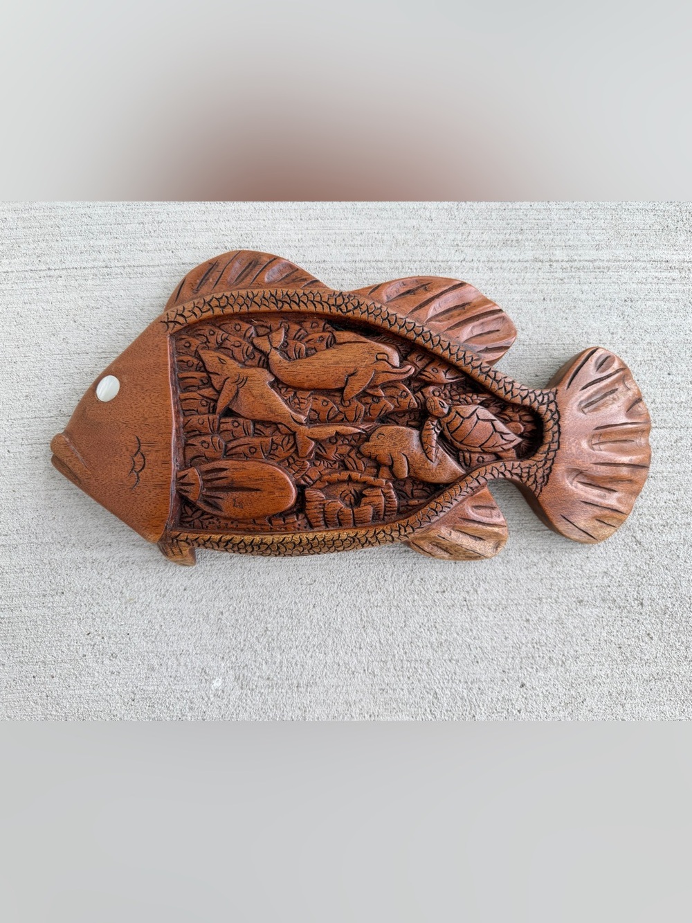 Vintage Hand Carved Wooden Fish Wall Plaque Folk Art Pearl Eye Nautical Marine